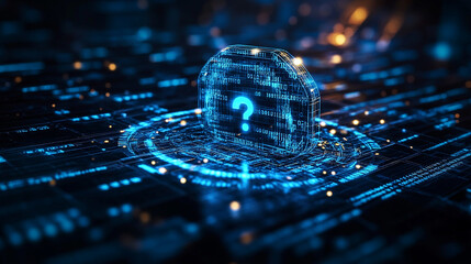 Digital Question Mark Enigma Futuristic Technology Abstract Blue Glow Network Data Code Cyber Binary