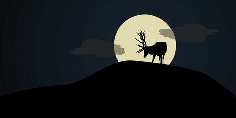 Poster - Deer on a hill with moon light, vector illustration