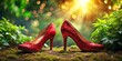 © Praphunsak - Glittering ruby red high-heeled shoes sit atop a lush green foliage backdrop, surrounded by soft focus and warm lighting effects , footwear, emerald green