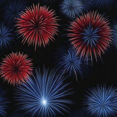 Poster - Vibrant pops of red and blue fireworks in the night sky, AI generated