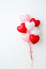Wall Mural - Red, pink and white heart shaped balloons floating against a white background, tied with red ribbon, creating a romantic and festive atmosphere