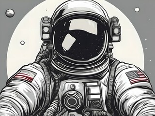 Poster - Illustration, Astronaut in comic style in front of grey background, space, space travel, portrait, view into the camera, AI generated, AI generated, AI generated