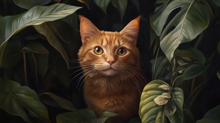 Wall Mural - A Ginger Cat Amidst Lush Foliage