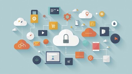 Wall Mural - Flat design illustration showing cloud computing technology and network with a focus on data security and storage, AI generated