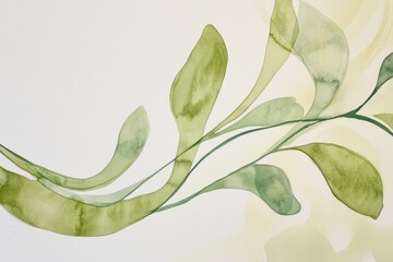 Poster - Soft green botanical watercolor illustration featuring delicate leaves and gentle curves, perfect for nature themed decor and wellness concepts