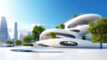 Fototapete - Futuristic cityscape blending sharp lines and modern architecture, emphasizing harmony and connectivity between structures with a clear blue sky