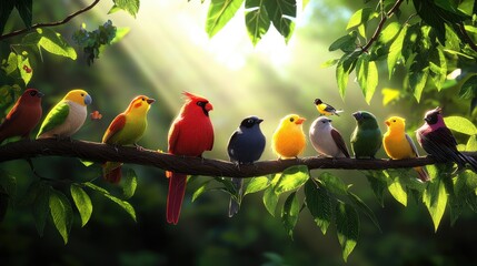 Fototapete - intricate line connection of diverse bird species in a lush forest ecosystem, perched on branches with soft sunlight filtering through leaves