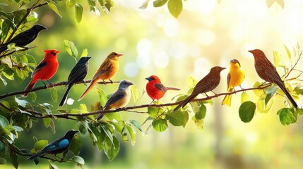 Fototapete - intricate line connection of diverse bird species in a lush forest ecosystem, perched on branches with soft sunlight filtering through leaves