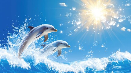 Fototapete - dynamic line connection of playful dolphins in a coastal habitat, leaping through gentle waves against a clear blue sky