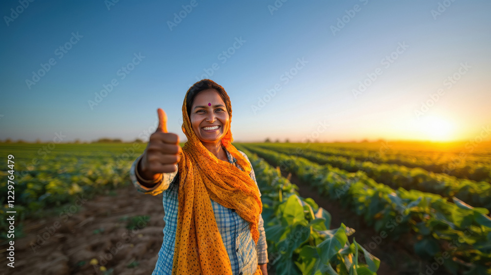 happy indian female farmer showing thumbs up at field Stock Photo ...