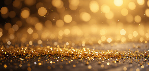 Golden particles and sprinkles for a holiday celebration like christmas or new year. shiny golden lights. wallpaper background for ads or gifts wrap and web design with Generative Ai.