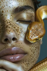 Poster - Detail of a person's face with closed eyes and a snake on their cheek, blurry teal turquoise solid background, beauty studio lighs, fashion artsy make up, high concept potraiture, AI generated