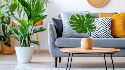 Fototapete - Line connection between elegant home decor elements in a modern living room setting, featuring neutral tones and minimalistic furniture