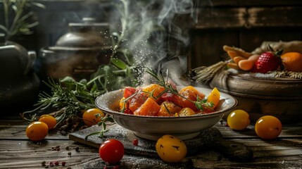 An appetising dish of stewed vegetables with herbs. Suitable for cookery books, restaurant menus and healthy eating blogs.