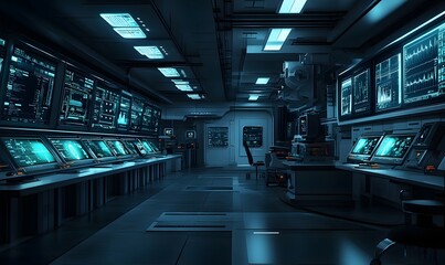 Futuristic control room, monitoring screens, research lab, night