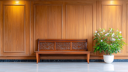 Wall Mural - wooden bench with intricate carvings against wooden wall, complemented by potted plant, creates serene and inviting atmosphere