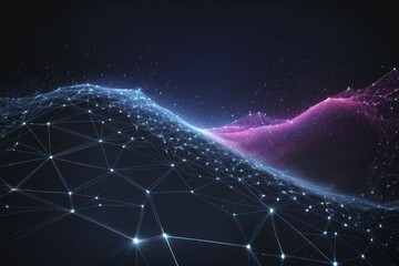 Wall Mural - Digital art featuring a network of neon blue and pink grids and particles creating a futuristic landscape, Fire Particles, AI generated