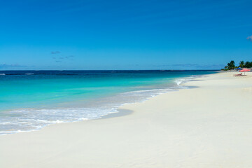 Wall Mural - Blue transparent water and perfect white sand in Shoal Bay beach, Caribbean dream landscape in Anguilla island, British West Indies