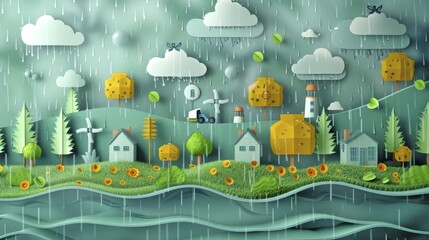 Wall Mural - Paper art depicting a rainy village scene with wind turbines, flowers, and houses surrounded by trees, AI generated