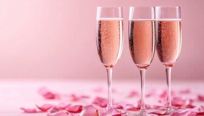 Wall Mural - Sparkling Celebration Three Rose Champagne Flutes with Scattered Petals and Copy Space