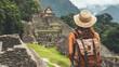 © Mirjana - Traveler exploring ancient ruins in lush mountains while wearing a hat and backpack
