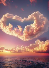 Wall Mural - Heart shape cloud above the ocean in a pink sunrise light. Calm morning seaside. Magical scene, love and romance concept, peaceful view, AI generated