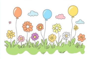 Sticker - Colorful Flower Garden with Balloons