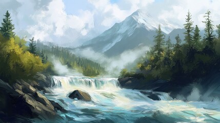 Canvas Print - Mountain River Landscape with Waterfall and Mist