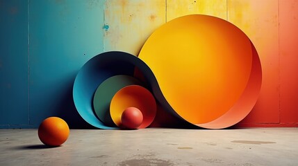 Wall Mural - A sleek non-representational design combining soft circular forms, bold gradient transitions in dynamic colors, and a lightly textured concrete backdrop.