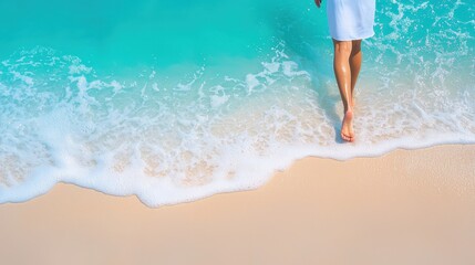 Wall Mural - Mental health recovery and growth, A person walks along a sandy beach, their feet touching the gentle waves of crystal-clear turquoise water.