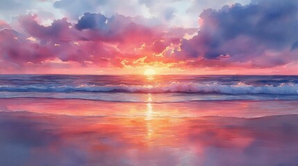 Wall Mural - Serene ocean sunset paints beach pink hues