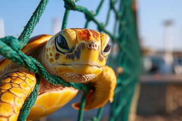 Close up view of a sea turtle face peeking through a green fishing net on a sunny day