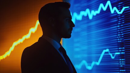 Rising stock graphs with glowing blue lines (close up, focus on, copy space) vibrant colors for financial theme, double exposure silhouette with businessman analyzing data. 