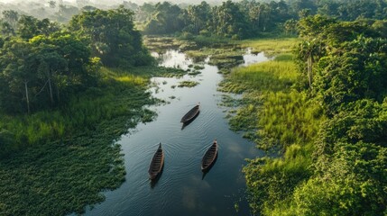 Wall Mural - Aerial View of Boats Navigating a Lush River