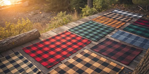 Wall Mural - 10 Lumberjack Plaid Patterns: Bokeh Background Stock Photos