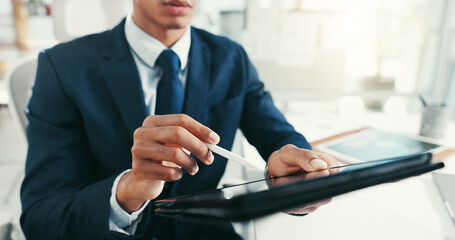 Poster - Businessman, office and tablet in hands for trading, economy research and stock market update. Trader, digital pen and tech in agency for online banking, budget planning or investment feedback in app