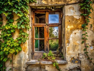 Wall Mural - Abandoned Athenian House Window - Rustic Greek Architecture Stock Photo