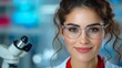 © Nataliia_Trushchenko - Woman wearing glasses and a white lab coat is smiling at the camera. She is holding a microscope