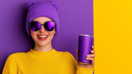 Wall Mural - Woman in a yellow sweater and purple hat is holding a can of soda. She is smiling and she is enjoying herself