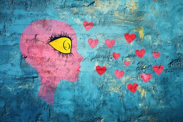 Wall Mural - Vibrant illustration of a pink human silhouette with large eye, surrounded by floating hearts against a textured blue background, representing love and emotions