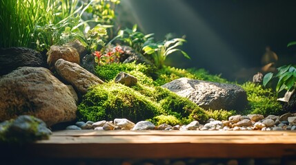 Poster - Tranquil miniature garden with mossy rocks and sunlight filtering through lush green foliage