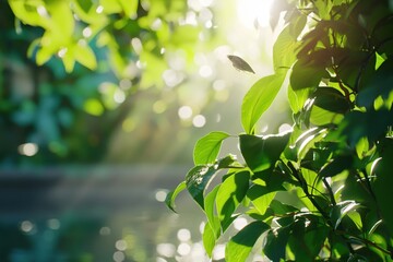 Poster - Bird flying through green leaves with bright sunlight in a natural environment