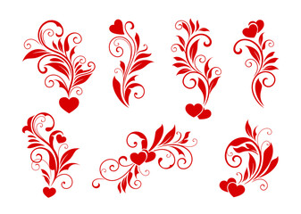 Wall Mural - heart flourish decorations of valentines day. vector set of ornate red floral hearts with swirling d