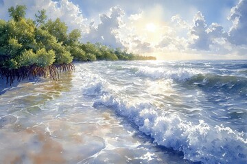 Wall Mural - Serene sunrise coastal scene tranquil waves mangrove trees