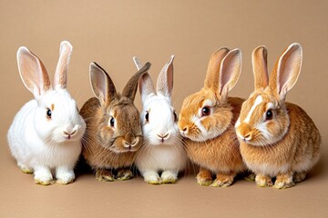 Five adorable bunnies posing in a row against a neutral background in a studio setting