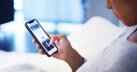 woman hand, phone screen and relax in bed with social media, online dating app and scroll in website