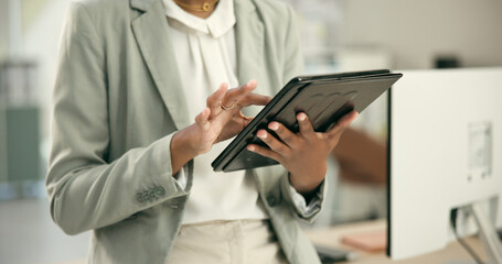 Fototapete - Hands, office or business woman with tablet networking online for research or report in digital agency. Scroll, tech startup closeup or social media manager with app for planning schedule on calendar