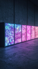 Wall Mural - Vibrant holographic panels with colorful patterns in modern space