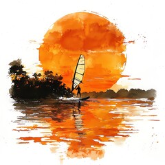 Wall Mural - Windsurfer Silhouette at Sunset Watercolor Painting