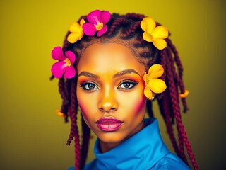 Portrait of a woman with vibrant colored dreadlocks posing against a beautiful flower background, colorful, bright colors, hairstyle